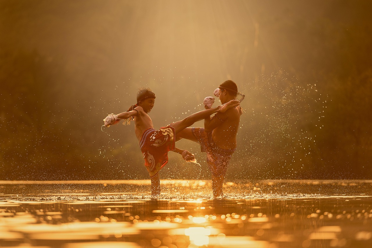 children, river, attack, martial arts, boxing, boys, exercise, nature, kick, kickboxing, fighting, thai boxing, splash, sports, asia, thailand, training, water